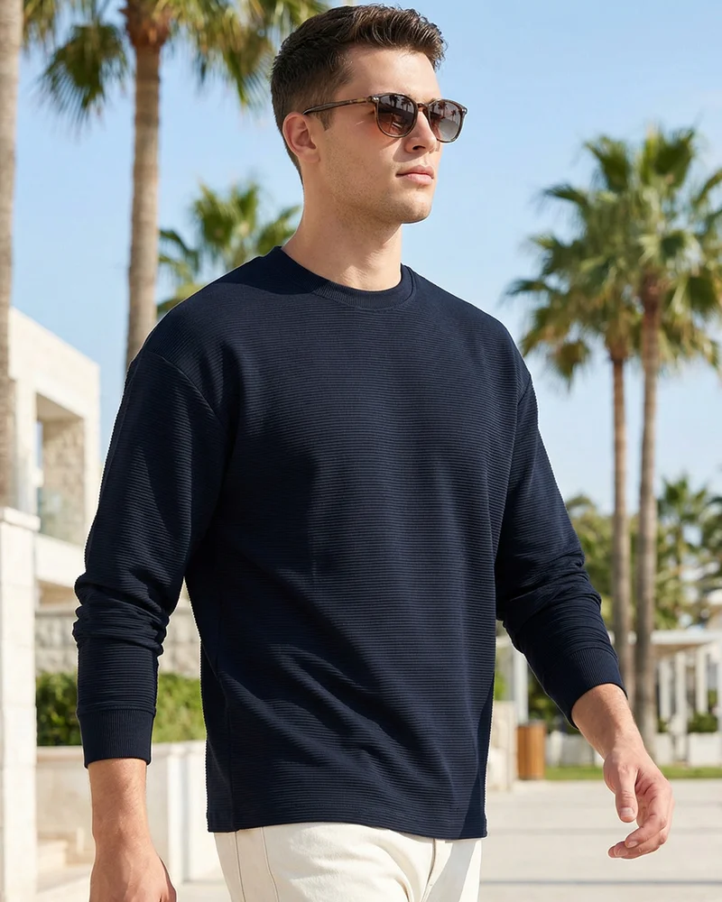 بيواكوف Men's Navy Blue Textured Oversized T-shirt